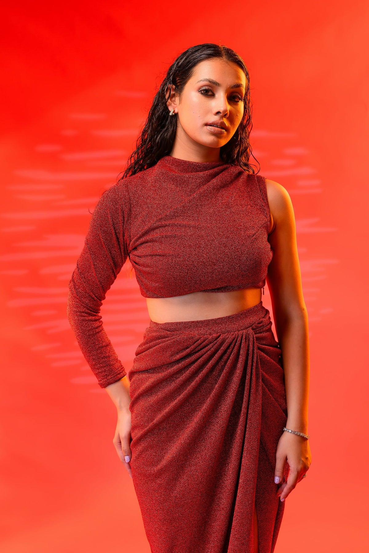 Maroon Draped Top & Skirt Set – photo 5