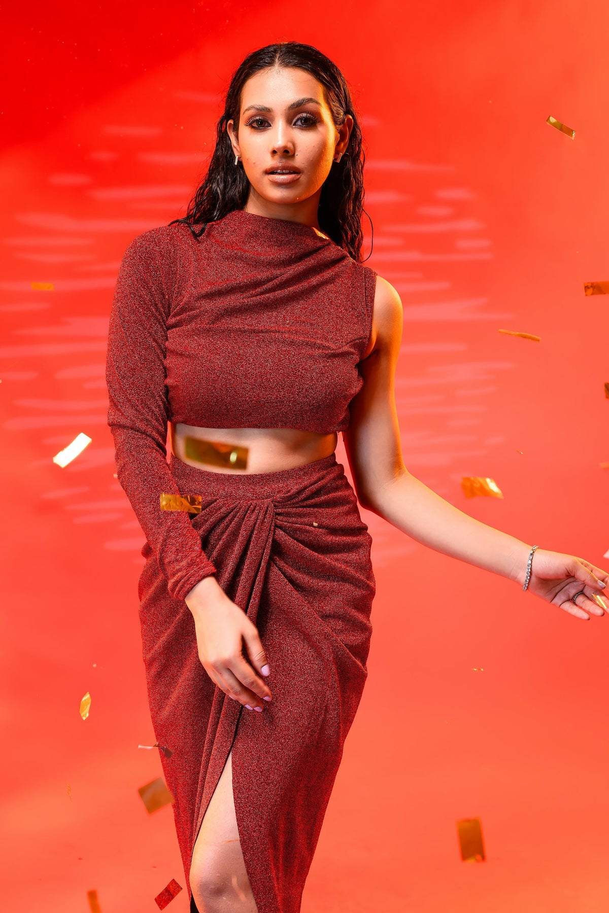 Maroon Draped Top & Skirt Set – photo 1