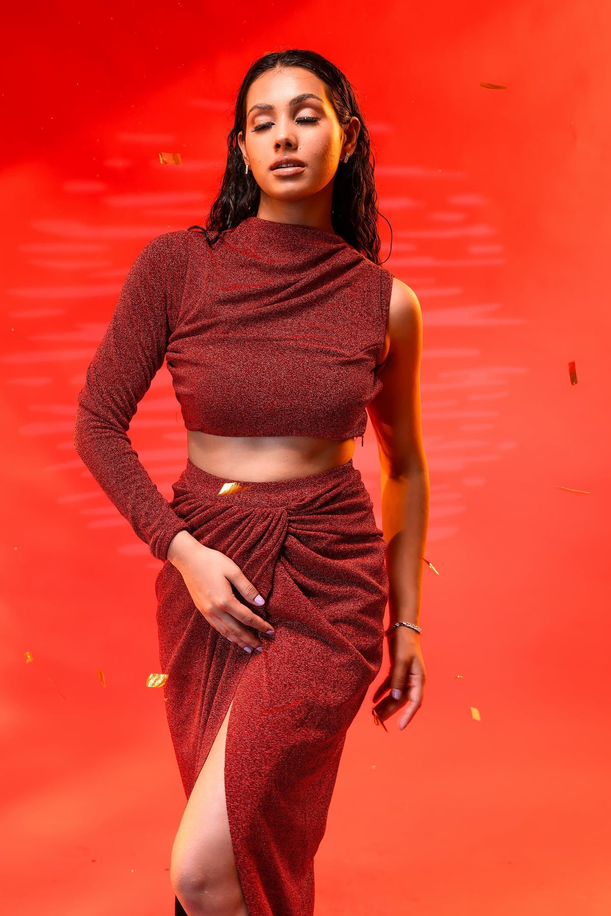 Maroon Draped Top & Skirt Set – photo 2