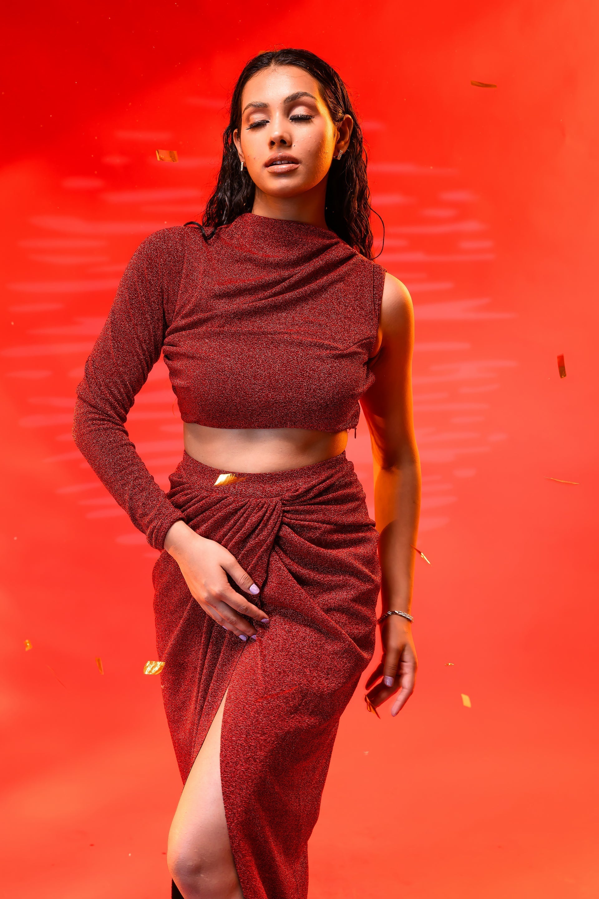 Maroon Draped Top & Skirt Set