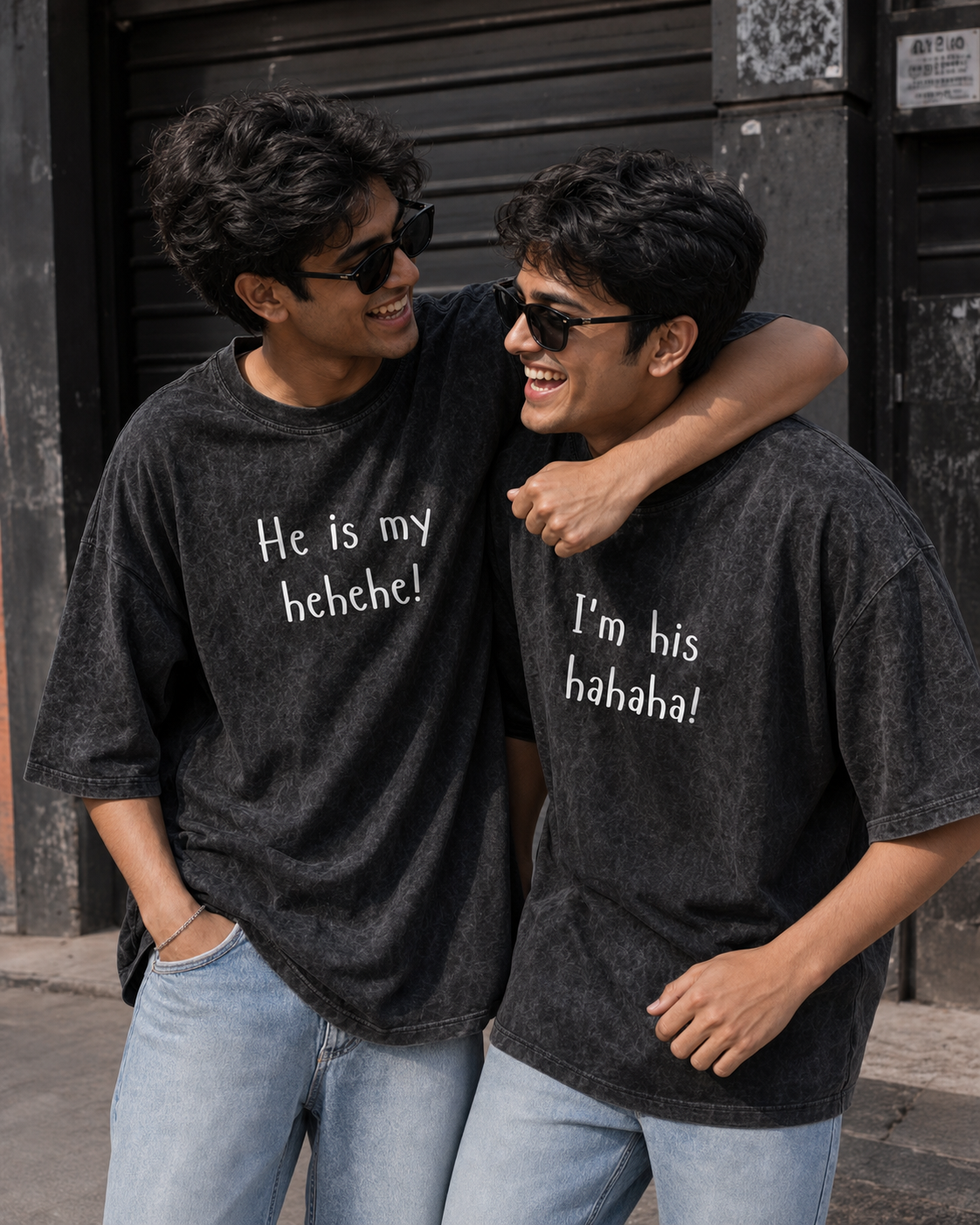 She Is My Hehehe / I'm Her Hahaha Unisex Matching T-Shirts – Oversized, Acid Washed, men's model view