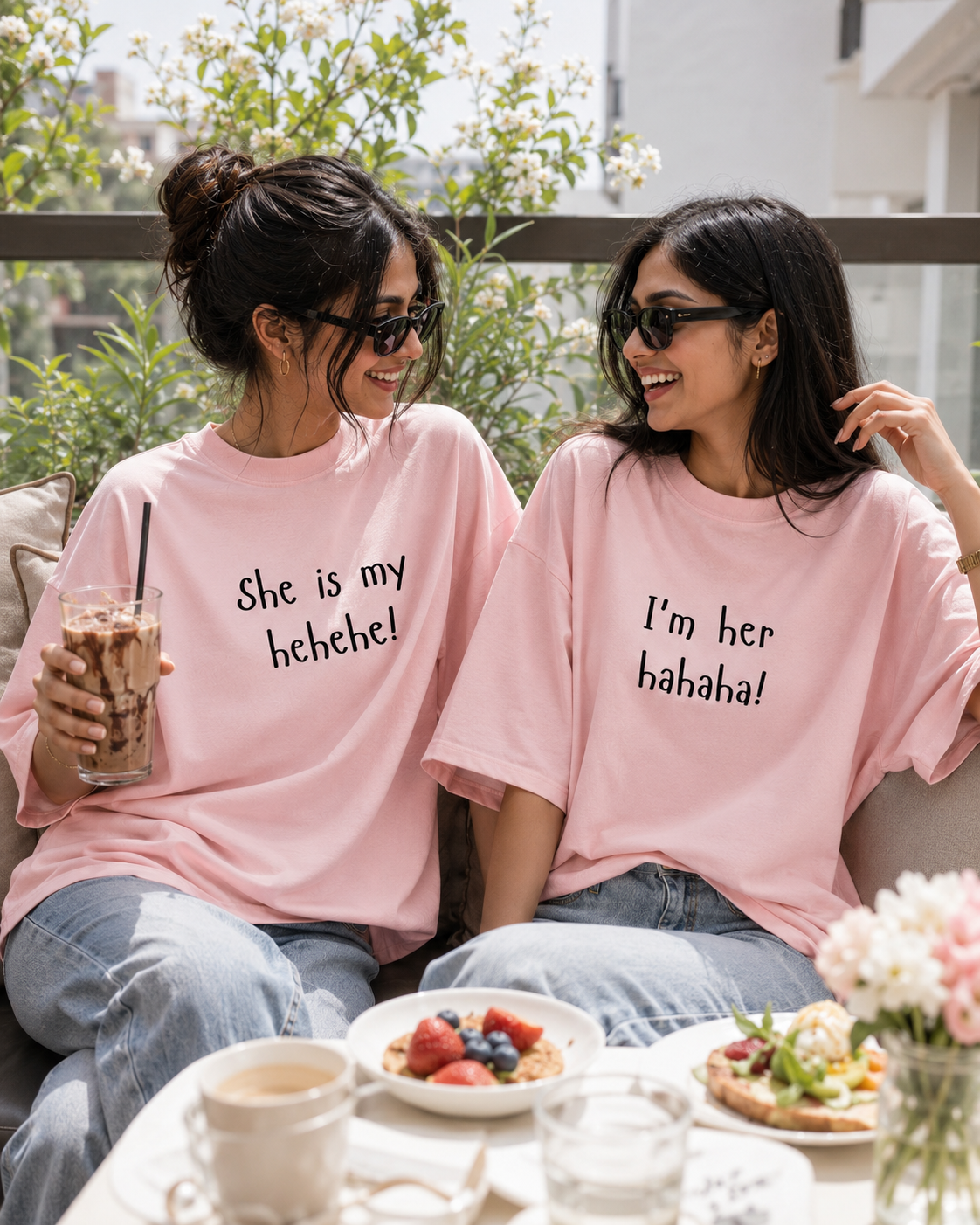 She Is My Hehehe / I'm Her Hahaha Unisex Matching T-Shirts – Oversized, Baby Pink, product view