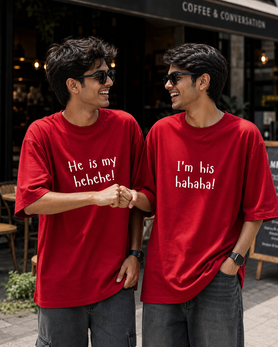 She Is My Hehehe / I'm Her Hahaha Unisex Matching T-Shirts – Oversized, Red, men's model view