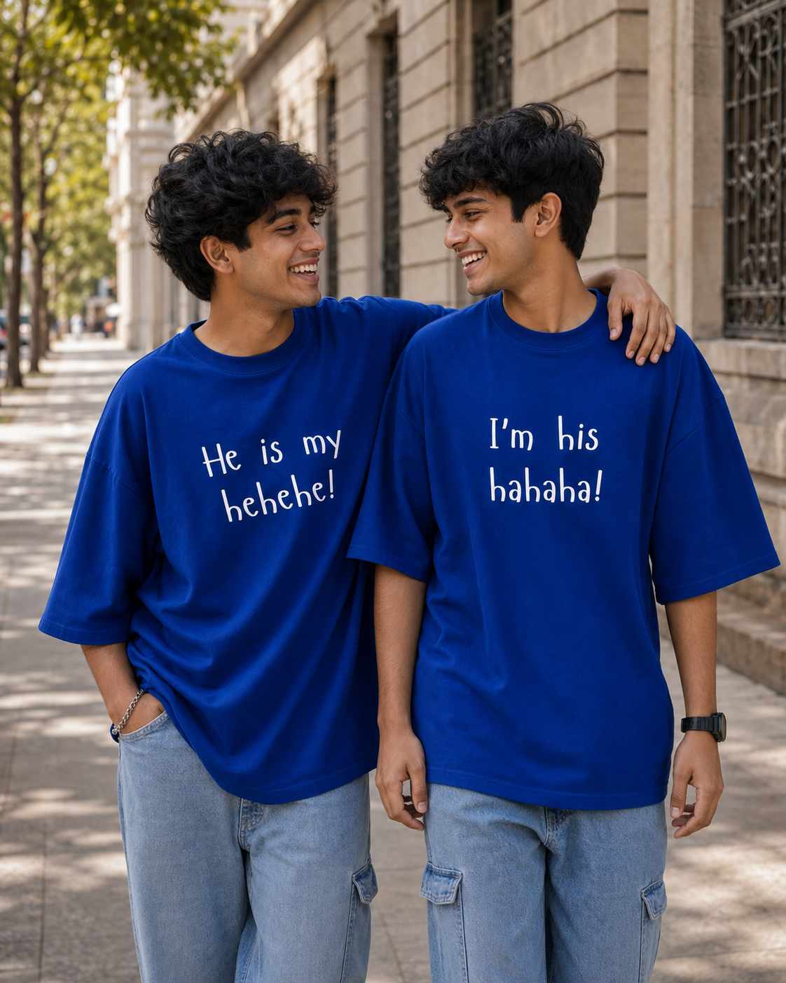 She Is My Hehehe / I'm Her Hahaha Unisex Matching T-Shirts – Oversized, Royal Blue, men's model view