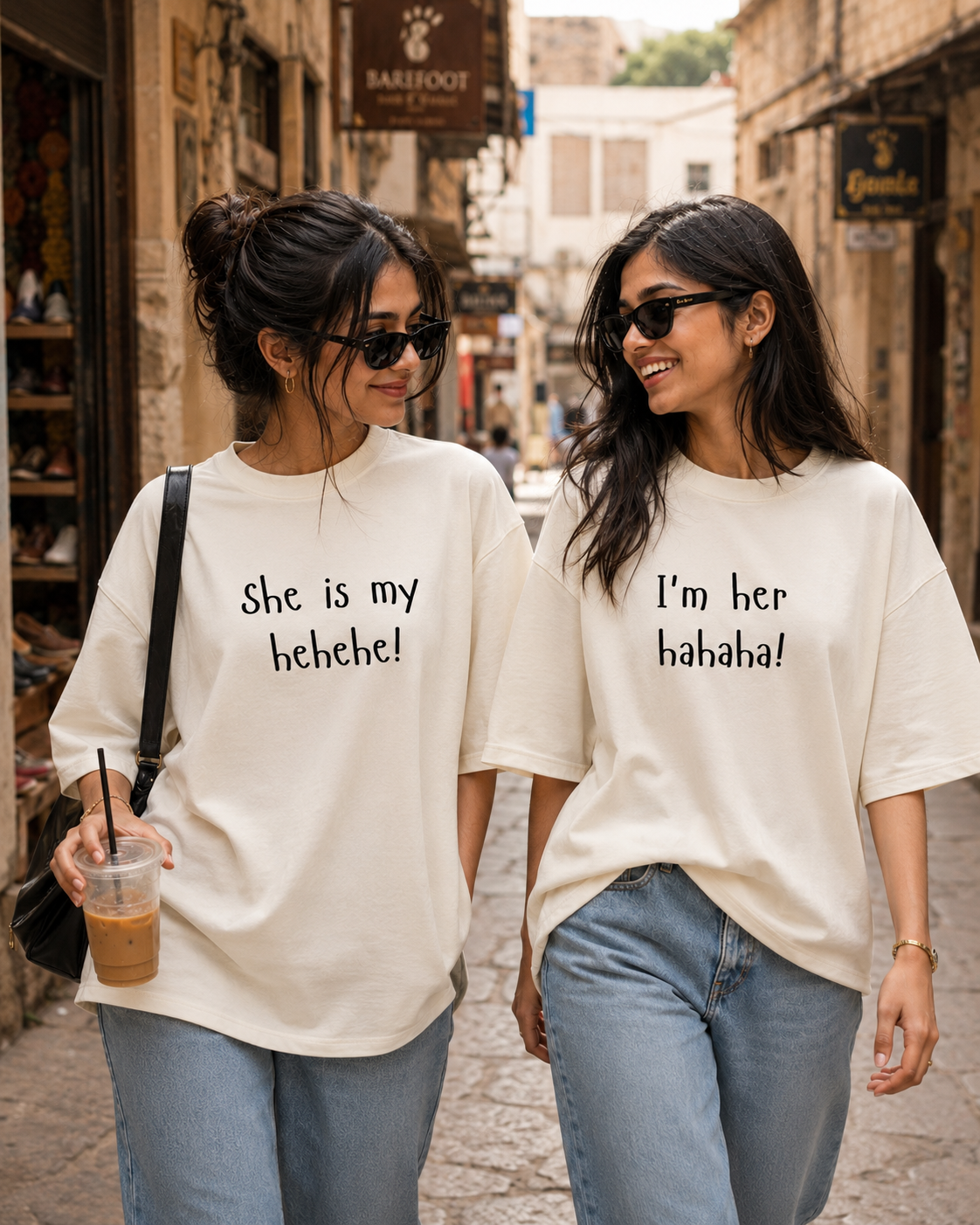 She Is My Hehehe / I'm Her Hahaha Unisex Matching T-Shirts – Oversized, Off White, product view