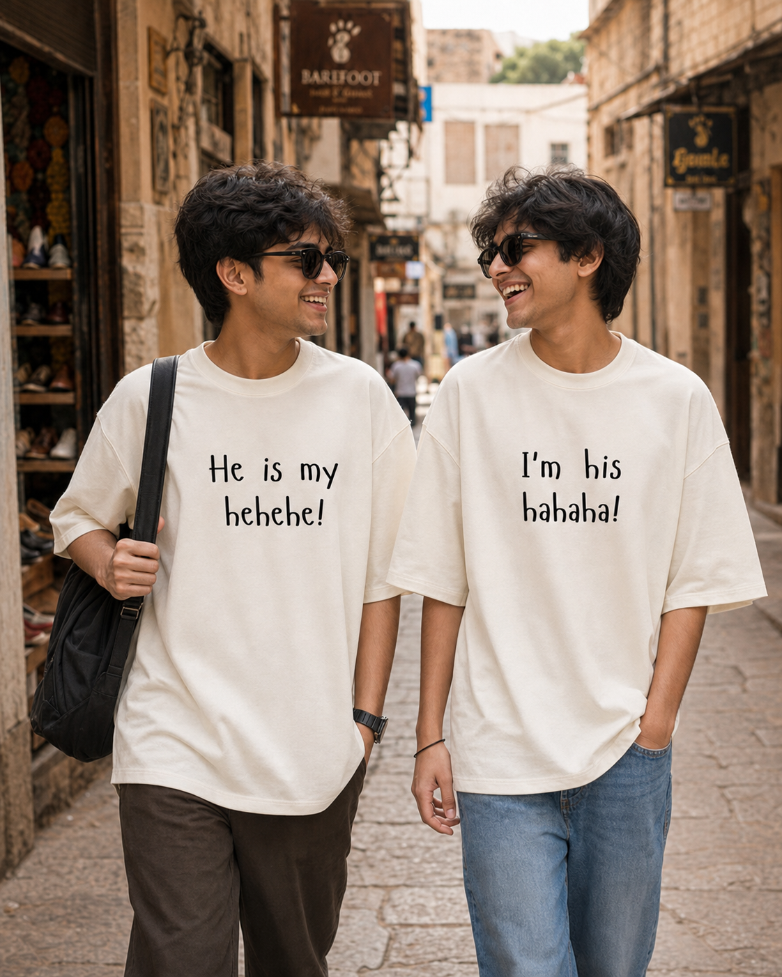 She Is My Hehehe / I'm Her Hahaha Unisex Matching T-Shirts – Oversized, Off White, men's model view