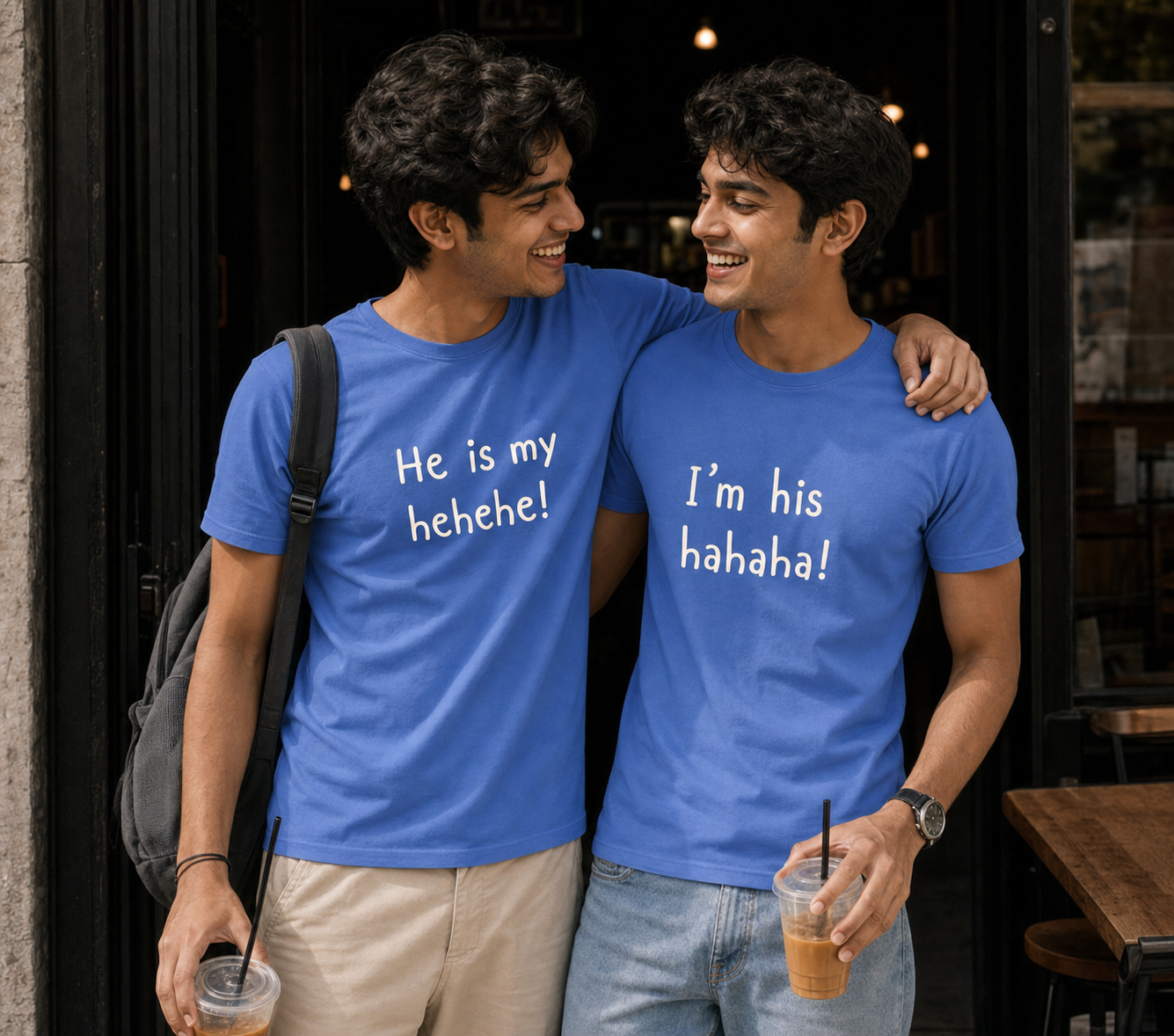 She Is My Hehehe / I'm Her Hahaha Unisex Matching T-Shirts – Regular Fit, White & Blue, men's model view