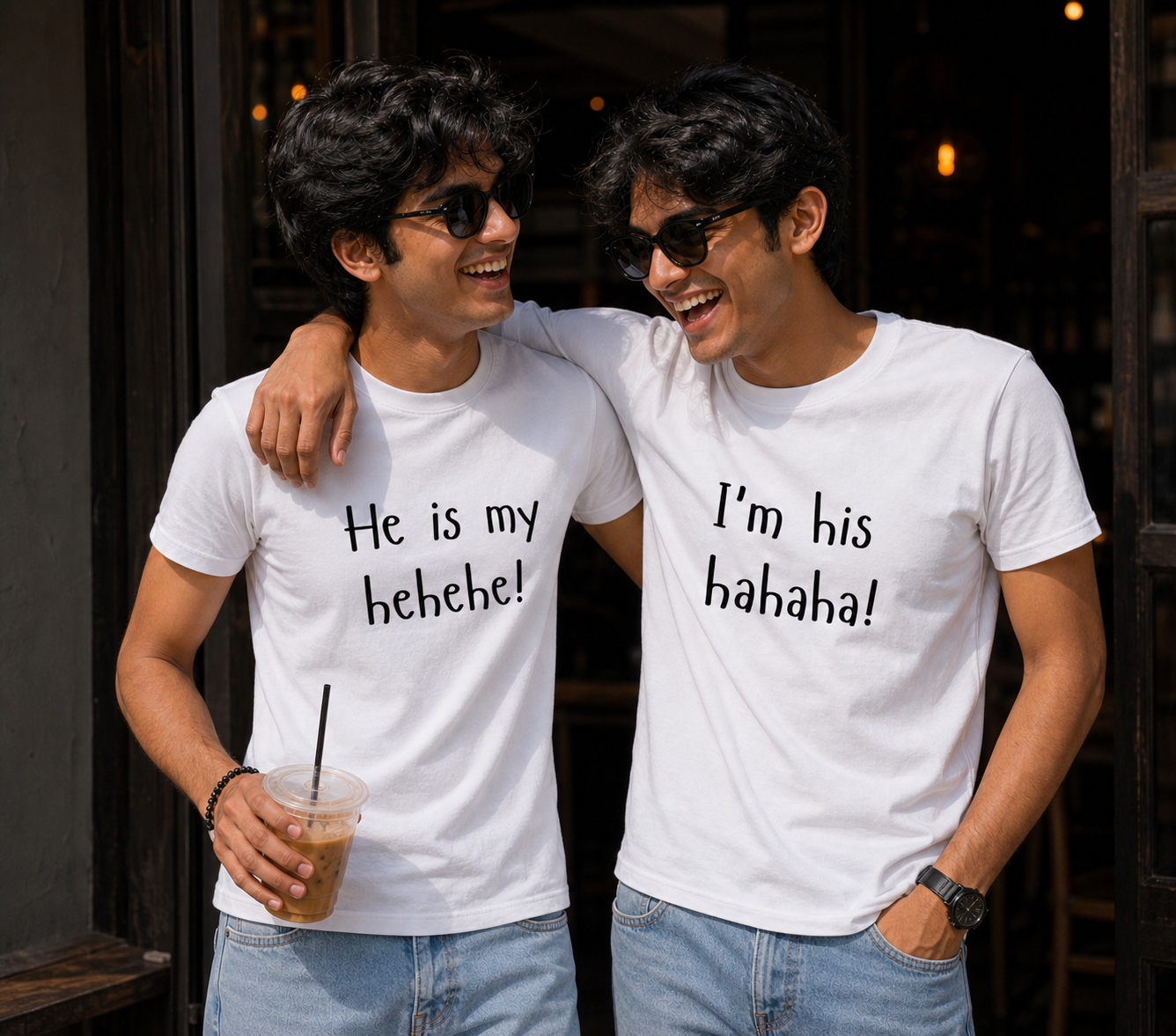 She Is My Hehehe / I'm Her Hahaha Unisex Matching T-Shirts – Regular Fit, White & White, men's model view