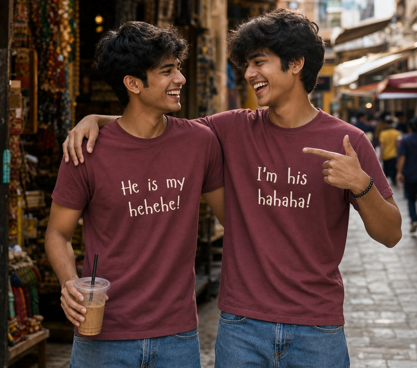She Is My Hehehe / I'm Her Hahaha Unisex Matching T-Shirts – Regular Fit, White & Maroon, men's model view