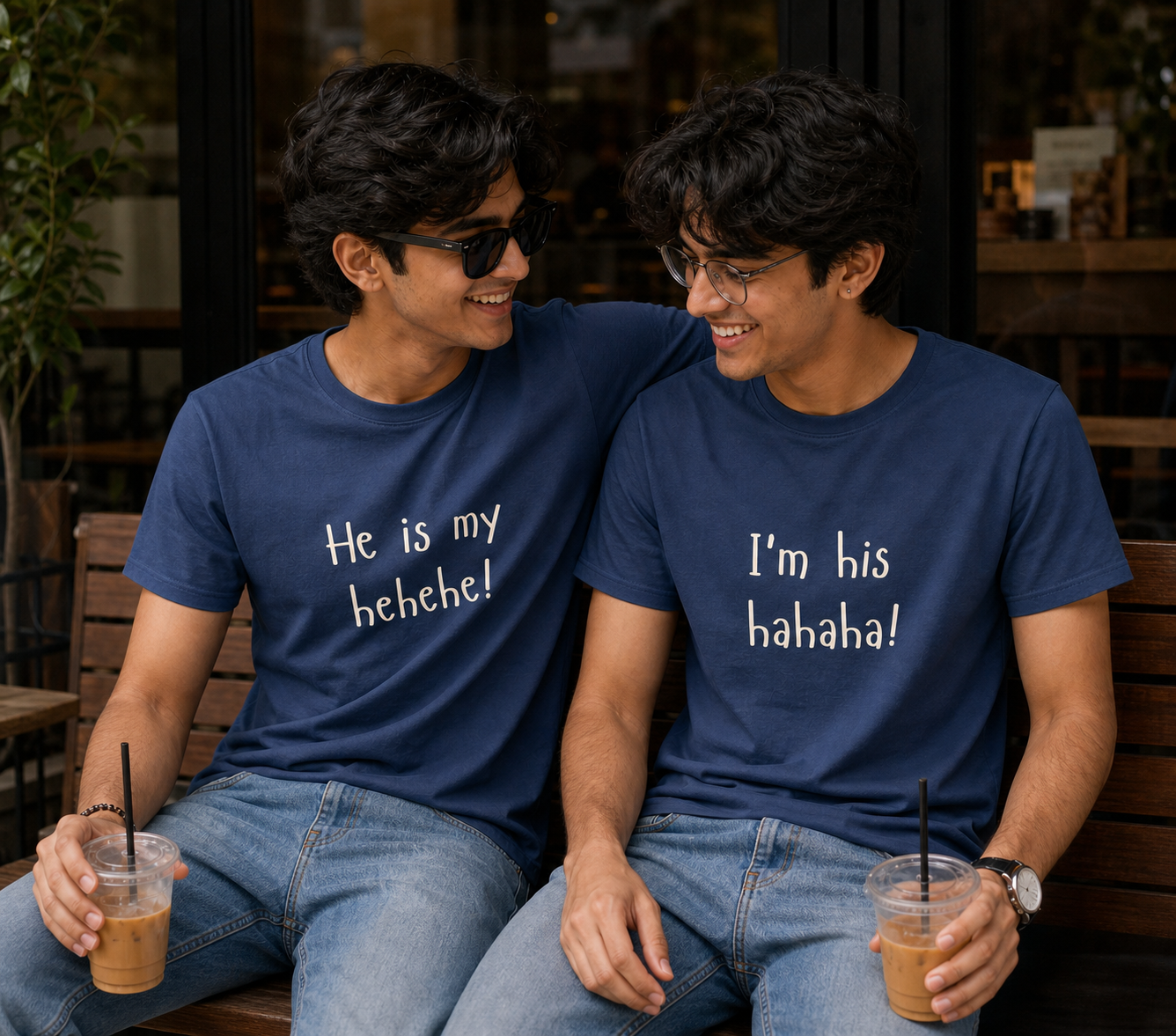 She Is My Hehehe / I'm Her Hahaha Unisex Matching T-Shirts – Regular Fit, White & Navy Blue, men's model view