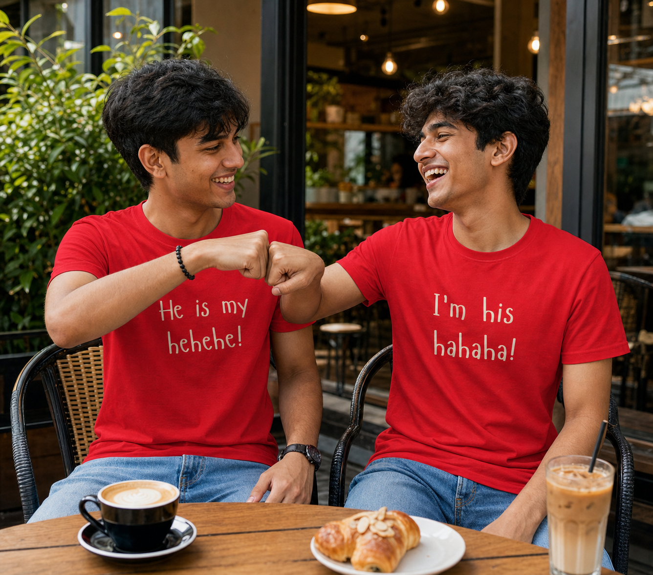 She Is My Hehehe / I'm Her Hahaha Unisex Matching T-Shirts – Regular Fit, White & Red, men's model view