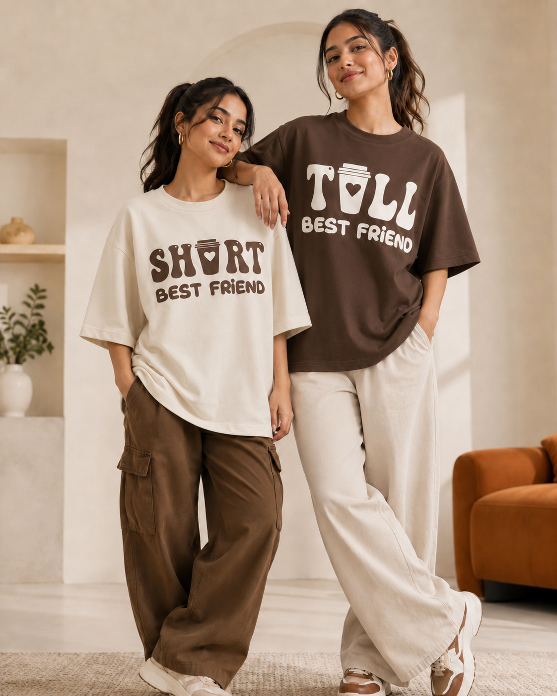 Short Best Friend / Tall Best Friend Unisex Matching T-Shirts – Oversized, Brown & Off White, women's model view