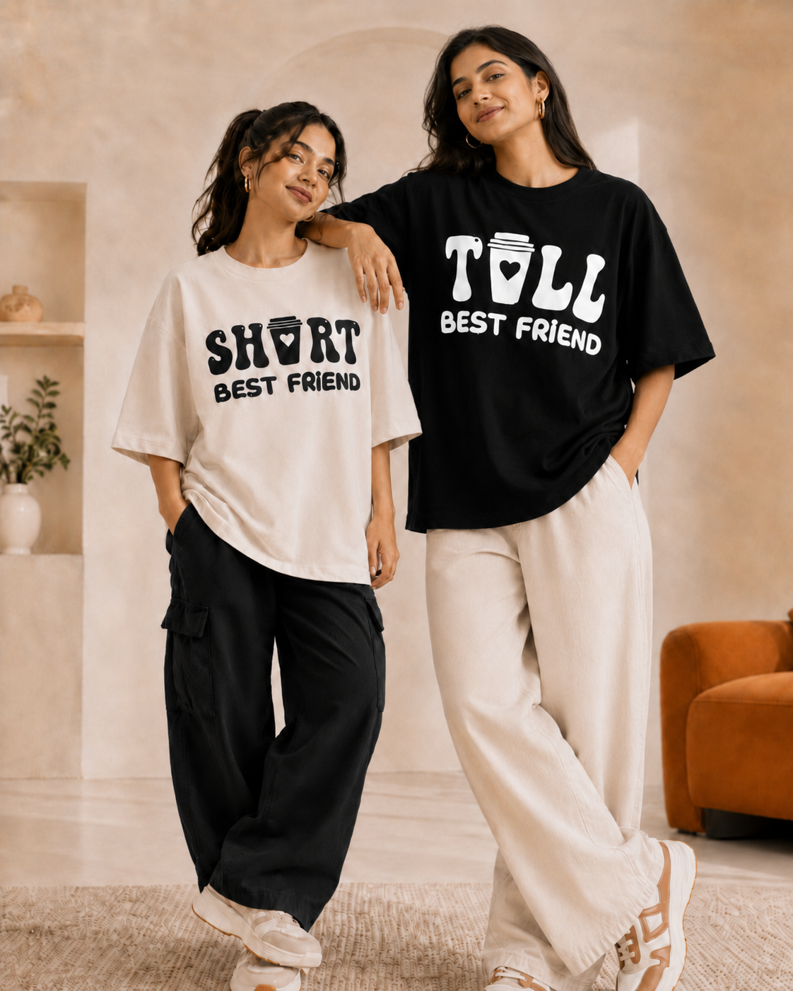 Short Best Friend / Tall Best Friend Unisex Matching T-Shirts – Oversized, Black & Off White, women's model view