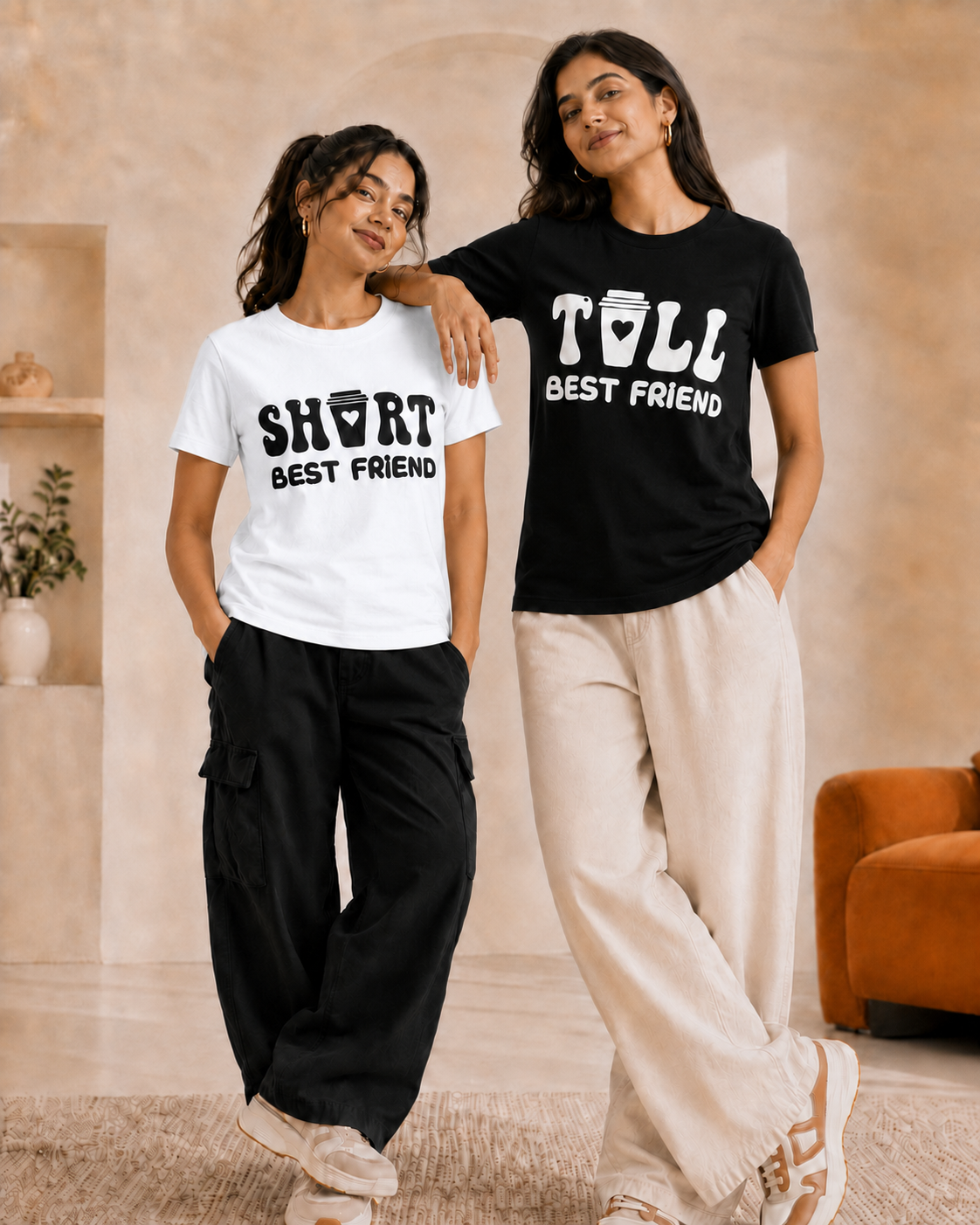Short Best Friend / Tall Best Friend Unisex Matching T-Shirts – Regular Fit, Black & White, women's model view