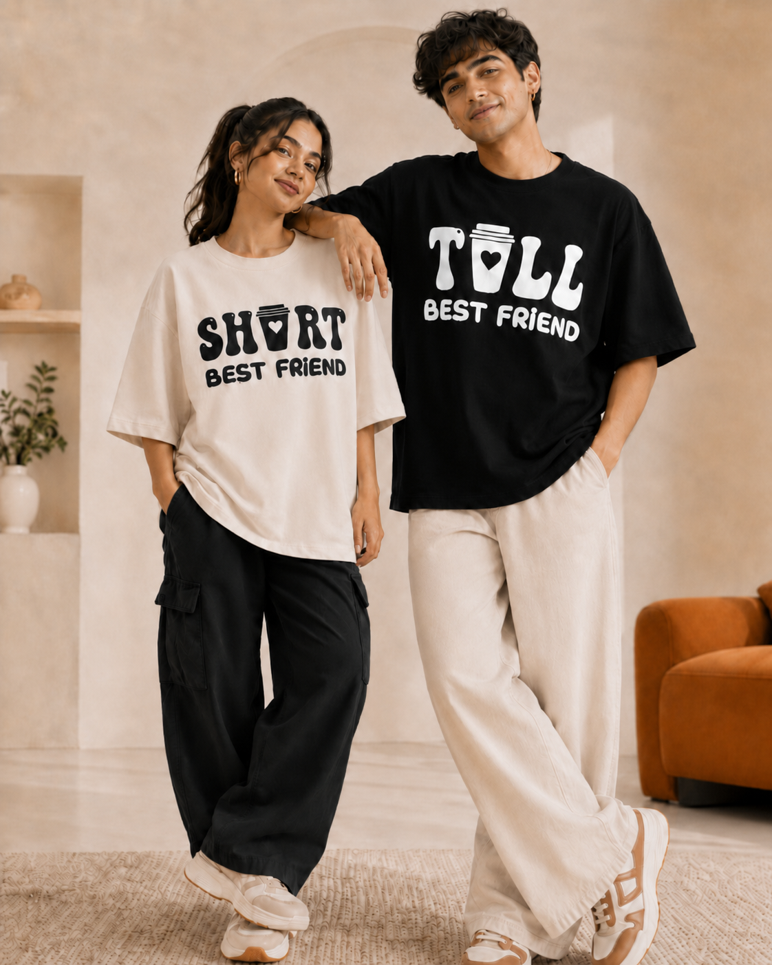 Short Best Friend / Tall Best Friend Unisex Matching T-Shirts – Oversized, Black & Off White, mixed-model view