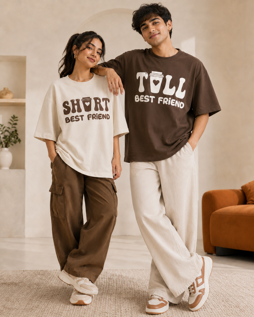 Short Best Friend / Tall Best Friend Unisex Matching T-Shirts – Oversized, Brown & Off White, mixed-model view