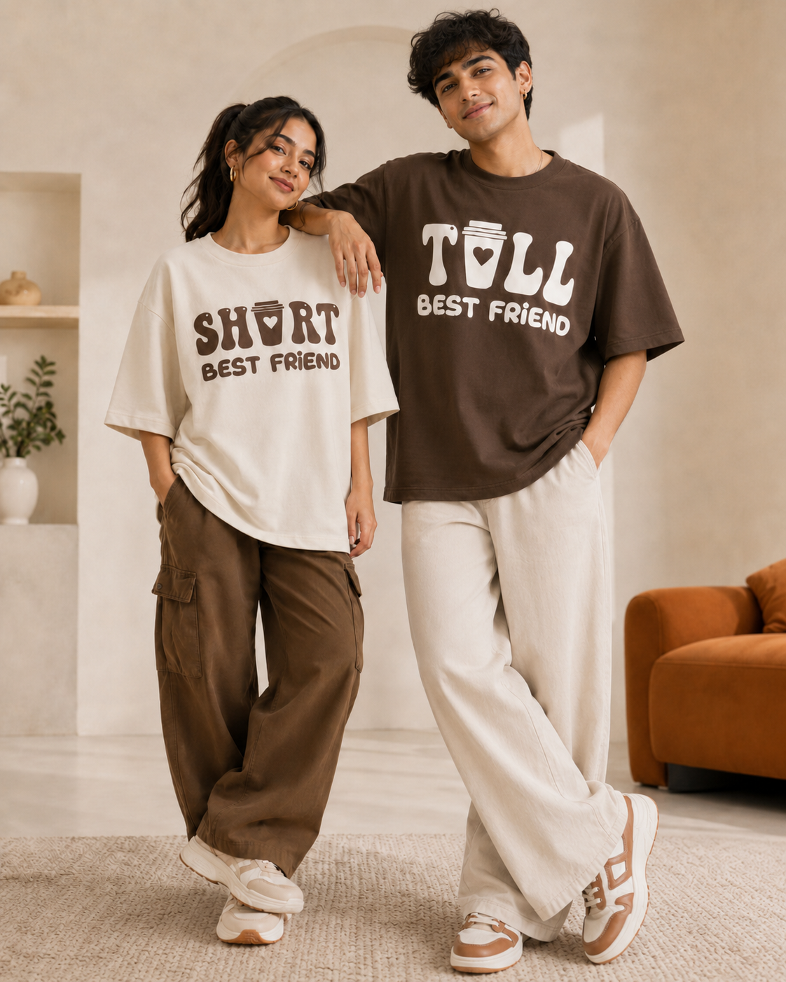 Short Best Friend / Tall Best Friend Unisex Matching T-Shirts – Oversized, Brown & Off White, mixed-model view