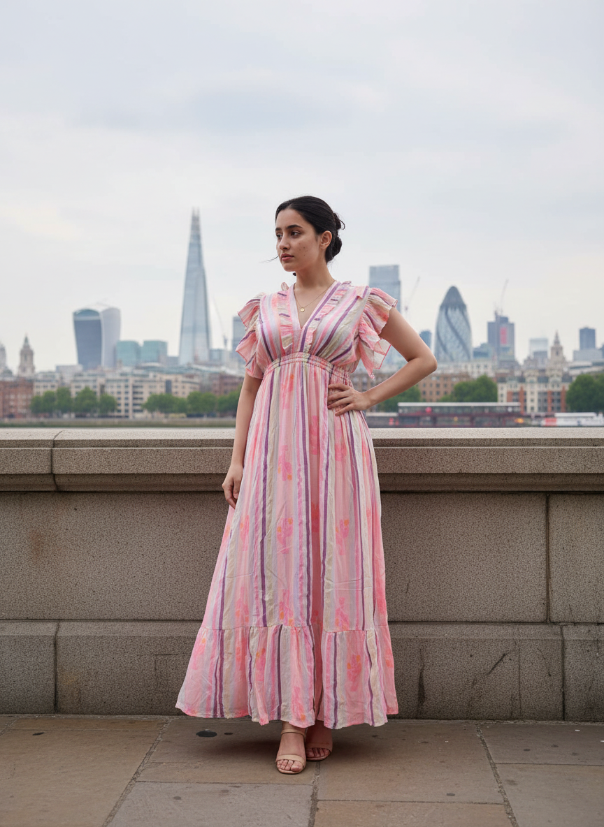 Watercolour Cacti Ruffle Tie-Back Maxi Dress