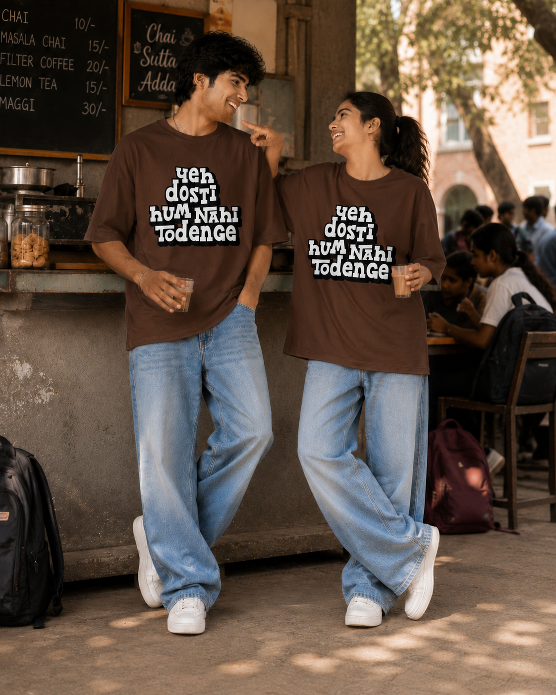 Yeh Dosti Hum Nahi Todenge Unisex Matching T-Shirts – Oversized, Brown, mixed-model view