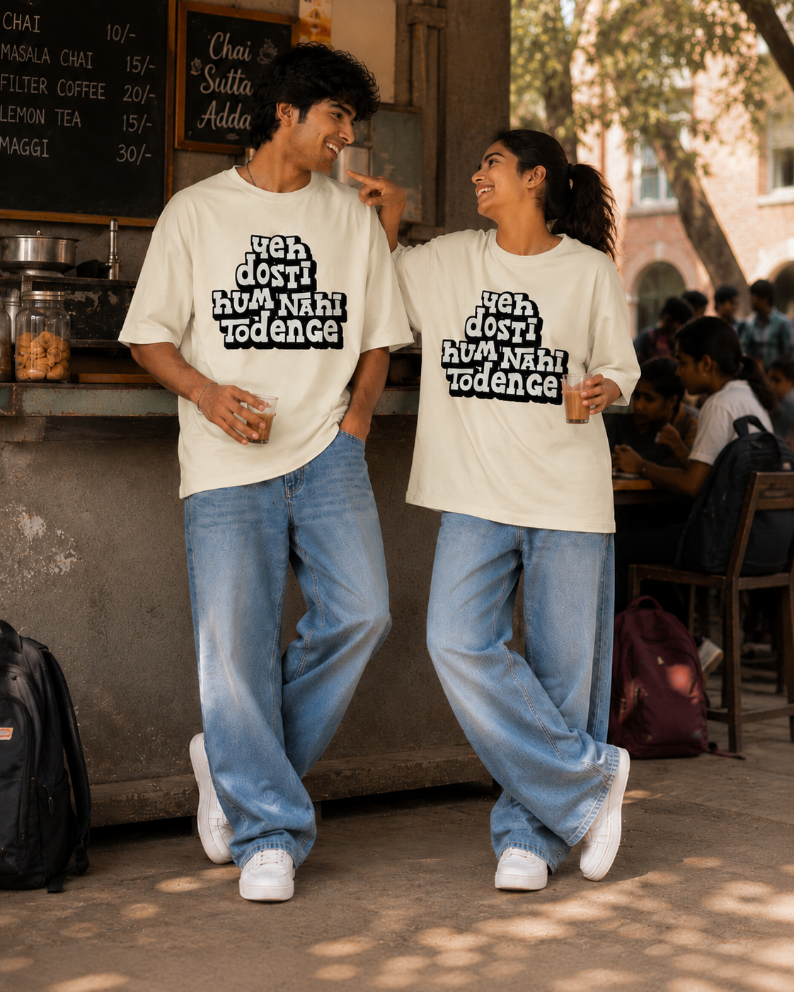 Yeh Dosti Hum Nahi Todenge Unisex Matching T-Shirts – Oversized, Off White, mixed-model view