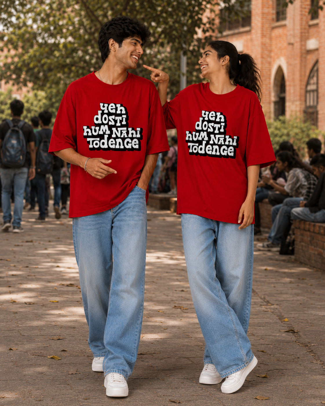 Yeh Dosti Hum Nahi Todenge Unisex Matching T-Shirts – Oversized, Red, mixed-model view