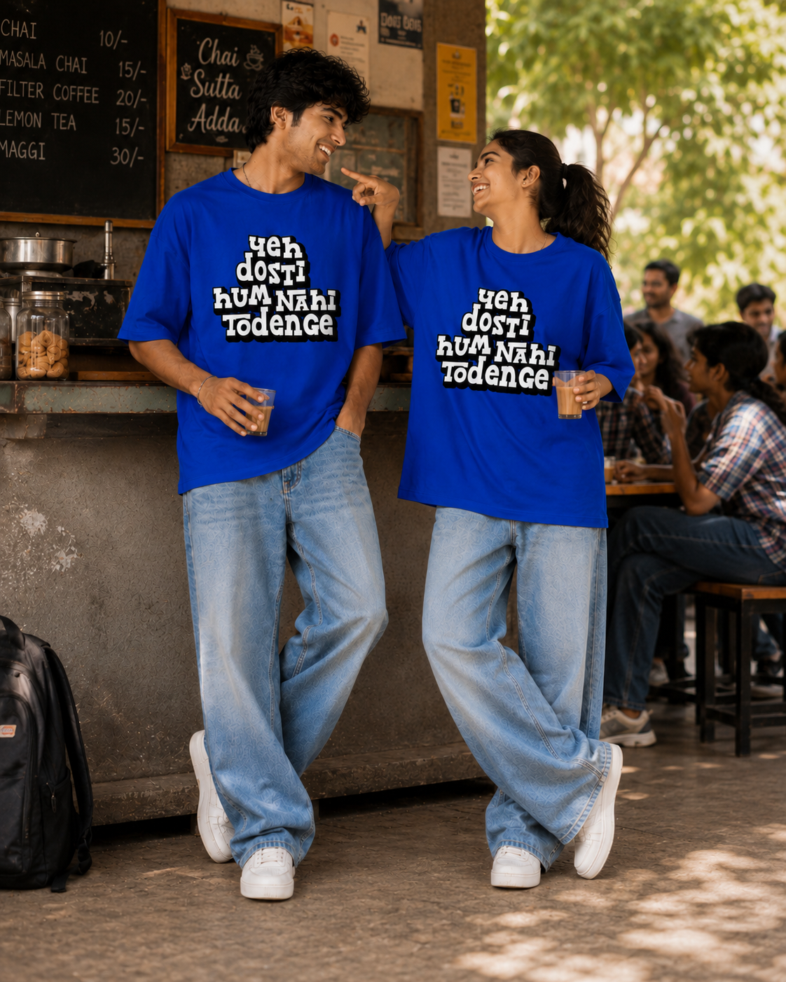 Yeh Dosti Hum Nahi Todenge Unisex Matching T-Shirts – Oversized, Royal Blue, mixed-model view