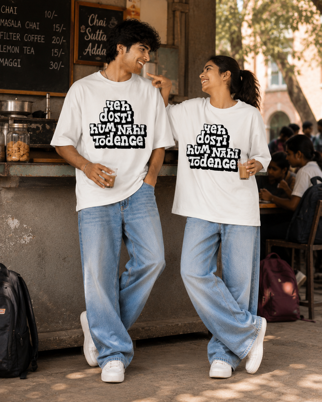 Yeh Dosti Hum Nahi Todenge Unisex Matching T-Shirts – Oversized, White, mixed-model view