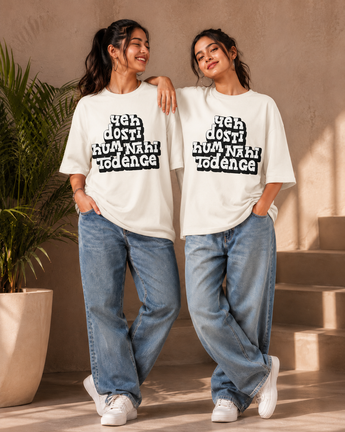 Yeh Dosti Hum Nahi Todenge Unisex Matching T-Shirts – Oversized, Off White, women's model view