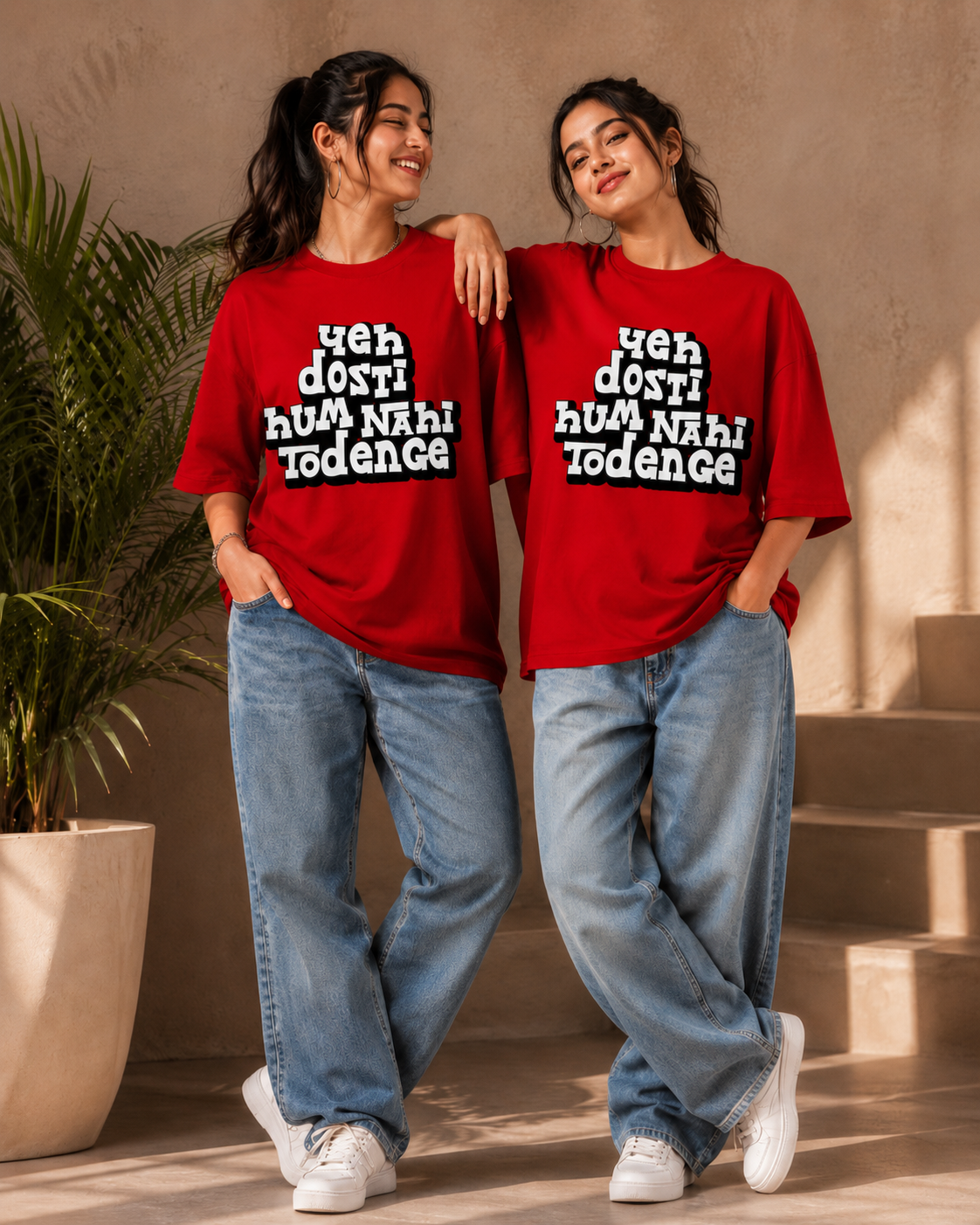 Yeh Dosti Hum Nahi Todenge Unisex Matching T-Shirts – Oversized, Red, women's model view