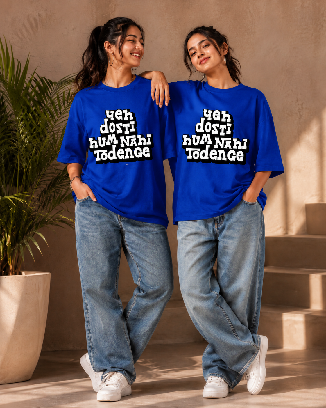 Yeh Dosti Hum Nahi Todenge Unisex Matching T-Shirts – Oversized, Royal Blue, women's model view