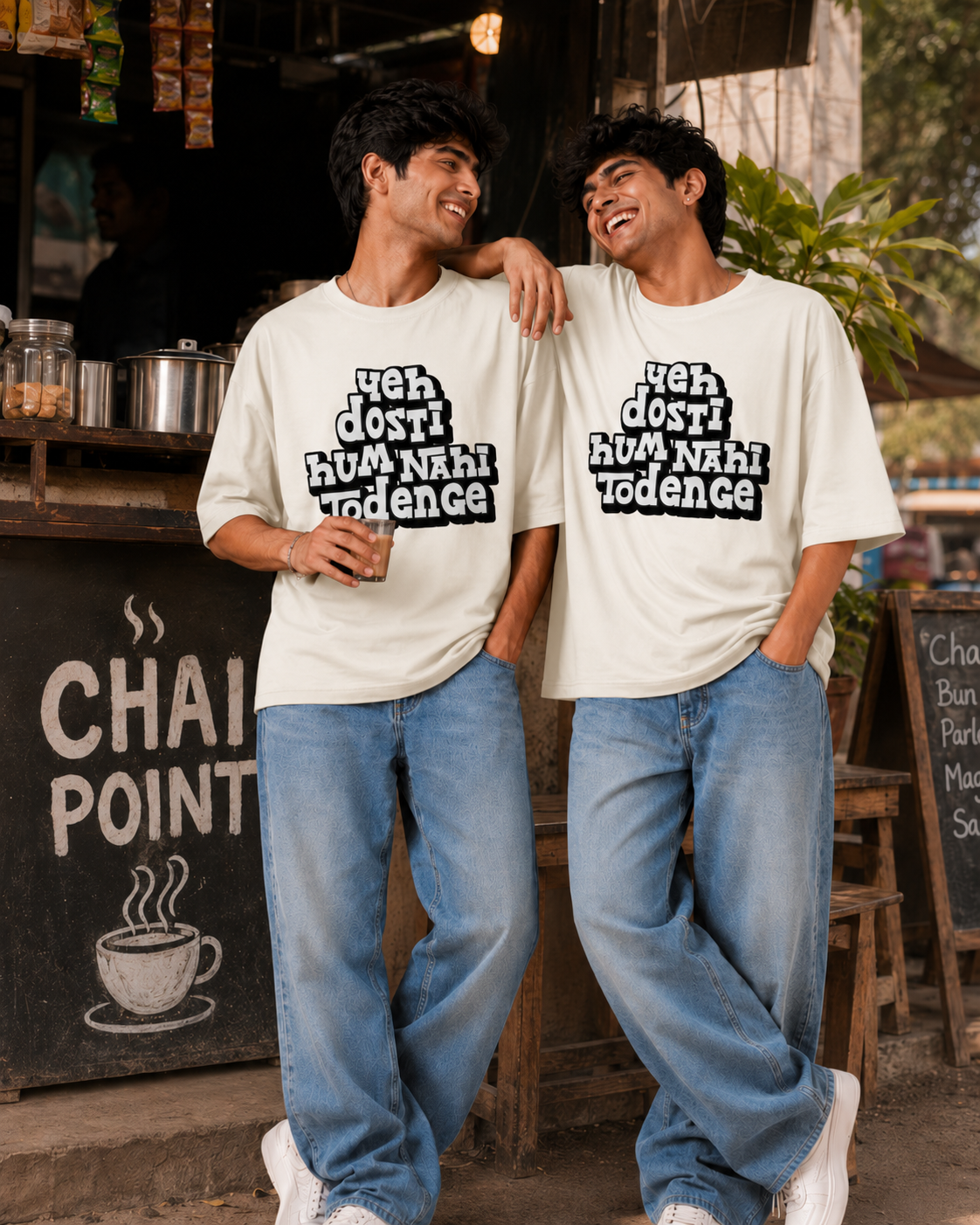 Yeh Dosti Hum Nahi Todenge Unisex Matching T-Shirts – Oversized, Off White, men's model view