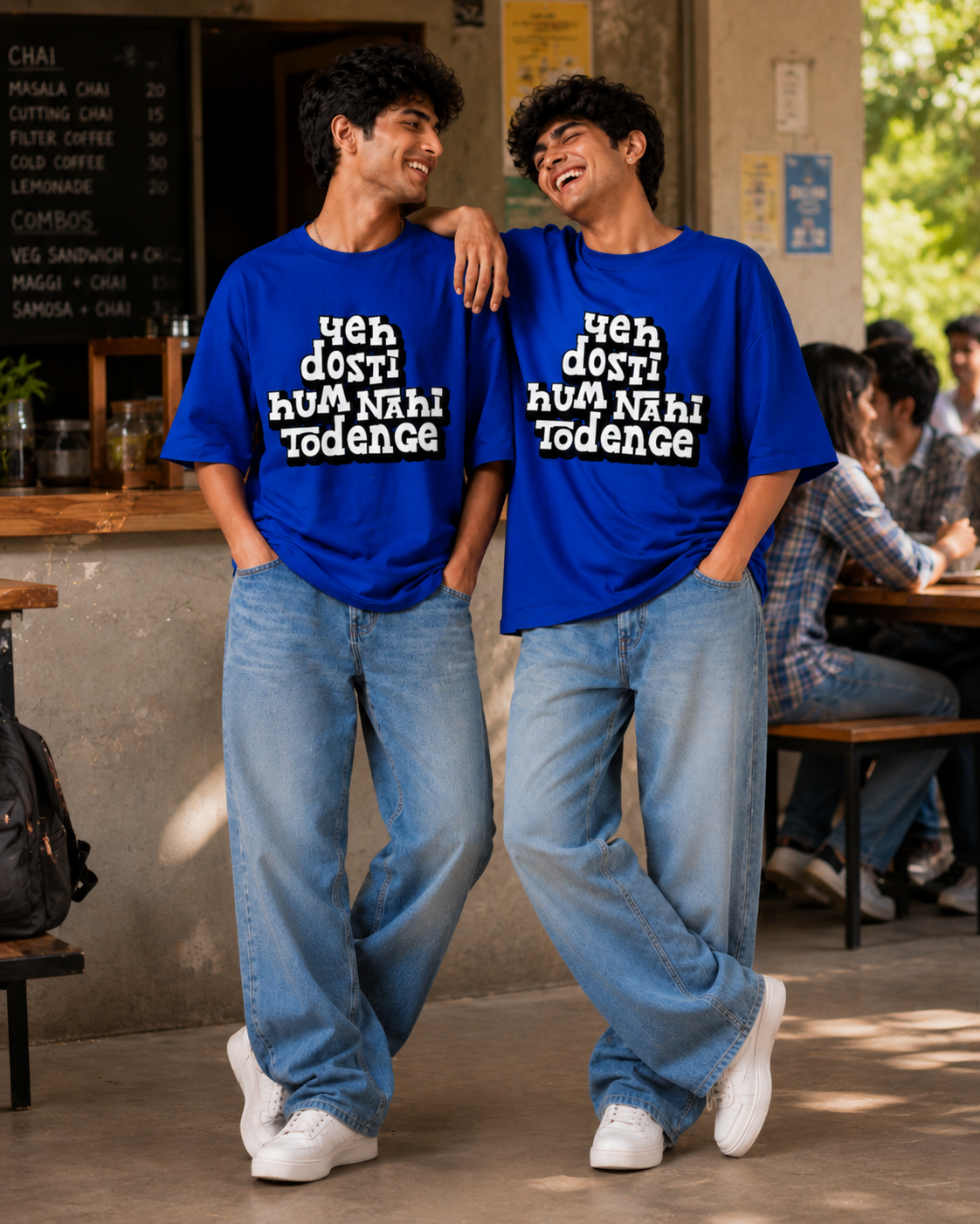 Yeh Dosti Hum Nahi Todenge Unisex Matching T-Shirts – Oversized, Royal Blue, men's model view