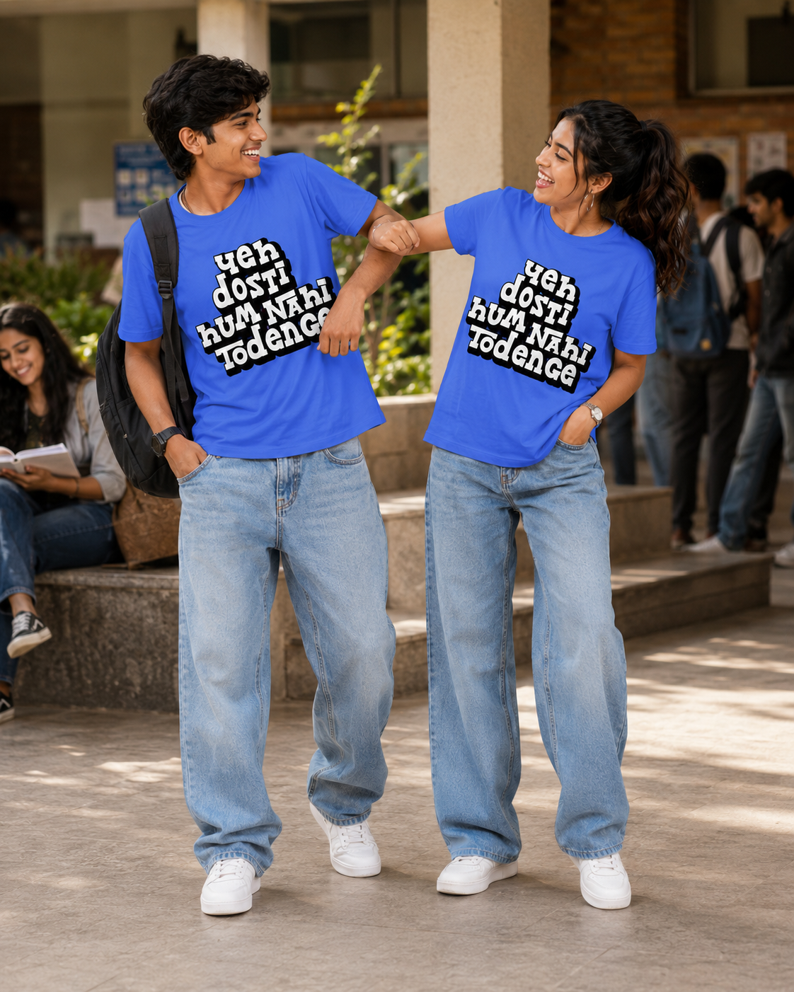 Yeh Dosti Hum Nahi Todenge Unisex Matching T-Shirts – Regular Fit, Blue, mixed-model view