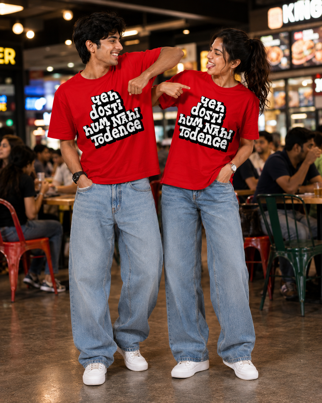 Yeh Dosti Hum Nahi Todenge Unisex Matching T-Shirts – Regular Fit, Red, mixed-model view