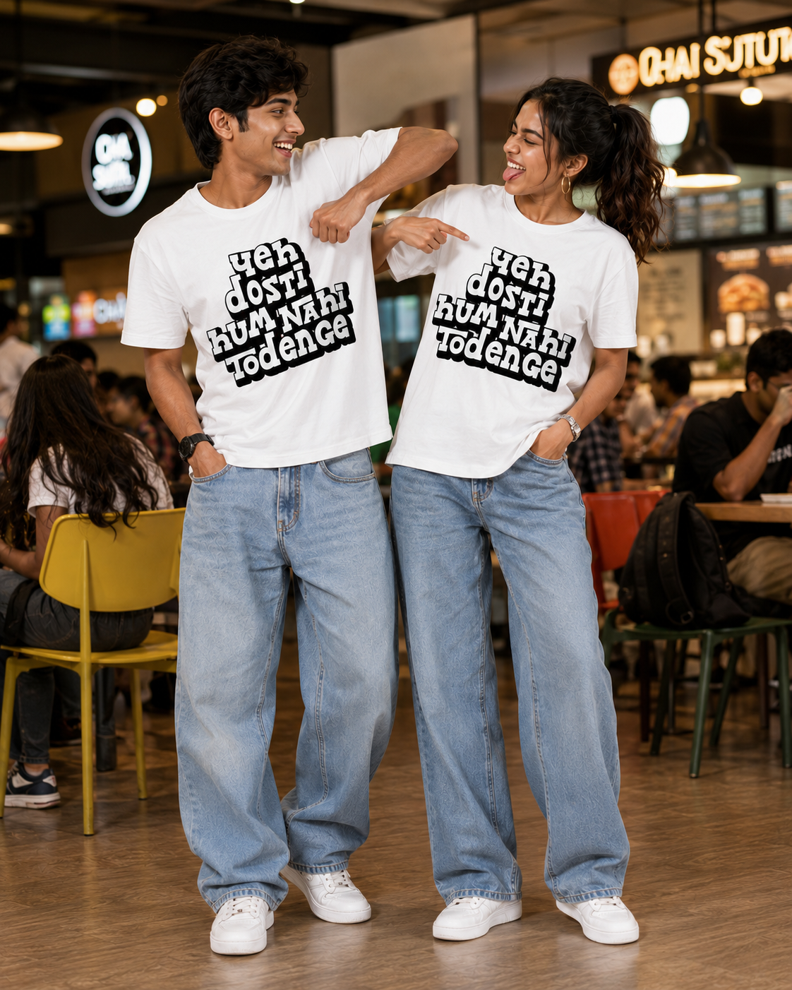 Yeh Dosti Hum Nahi Todenge Unisex Matching T-Shirts – Regular Fit, White, mixed-model view