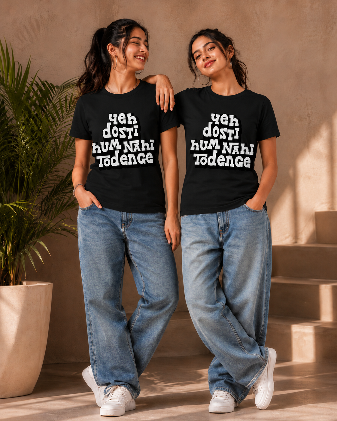Yeh Dosti Hum Nahi Todenge Unisex Matching T-Shirts – Regular Fit, Black, women's model view