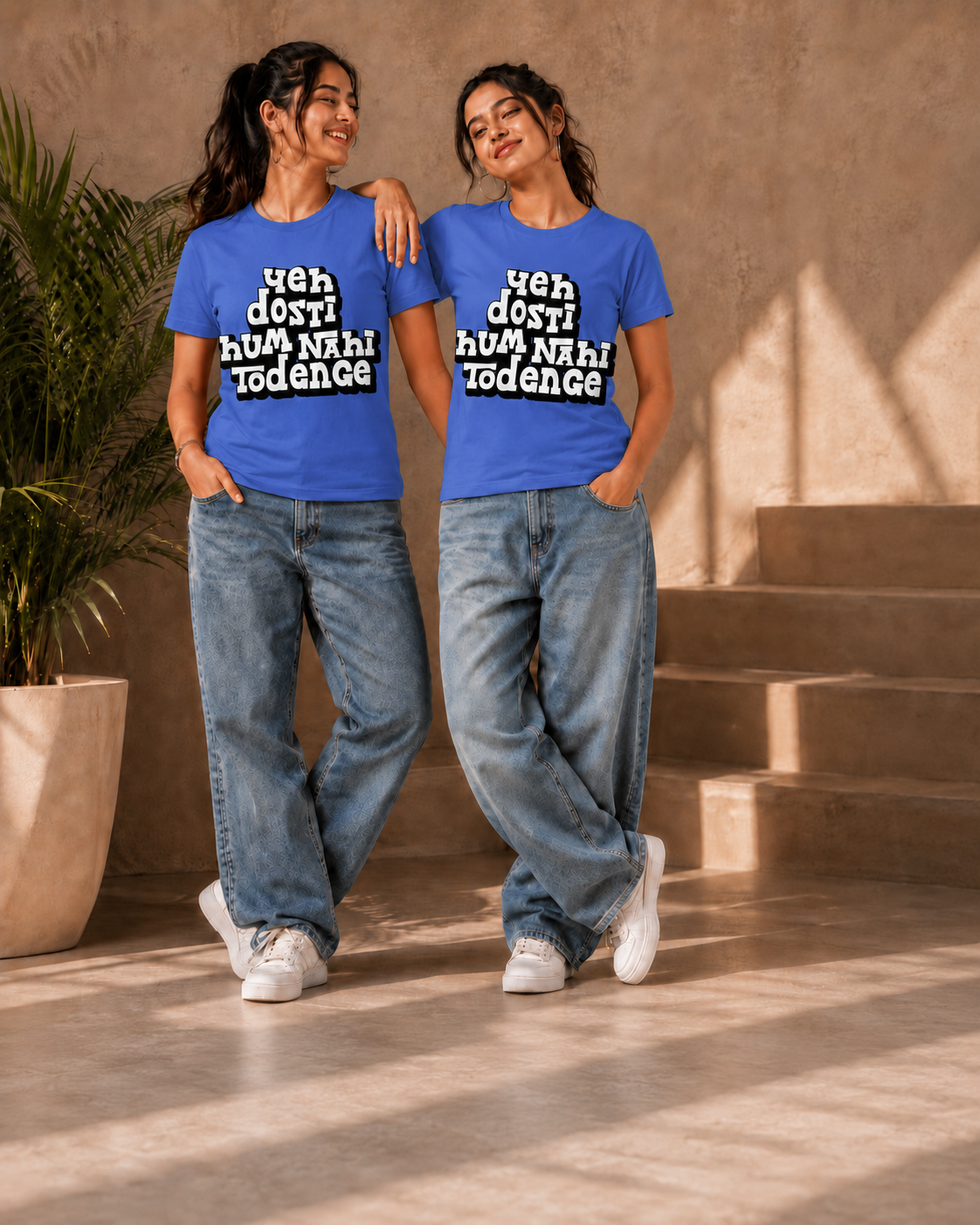 Yeh Dosti Hum Nahi Todenge Unisex Matching T-Shirts – Regular Fit, Blue, women's model view