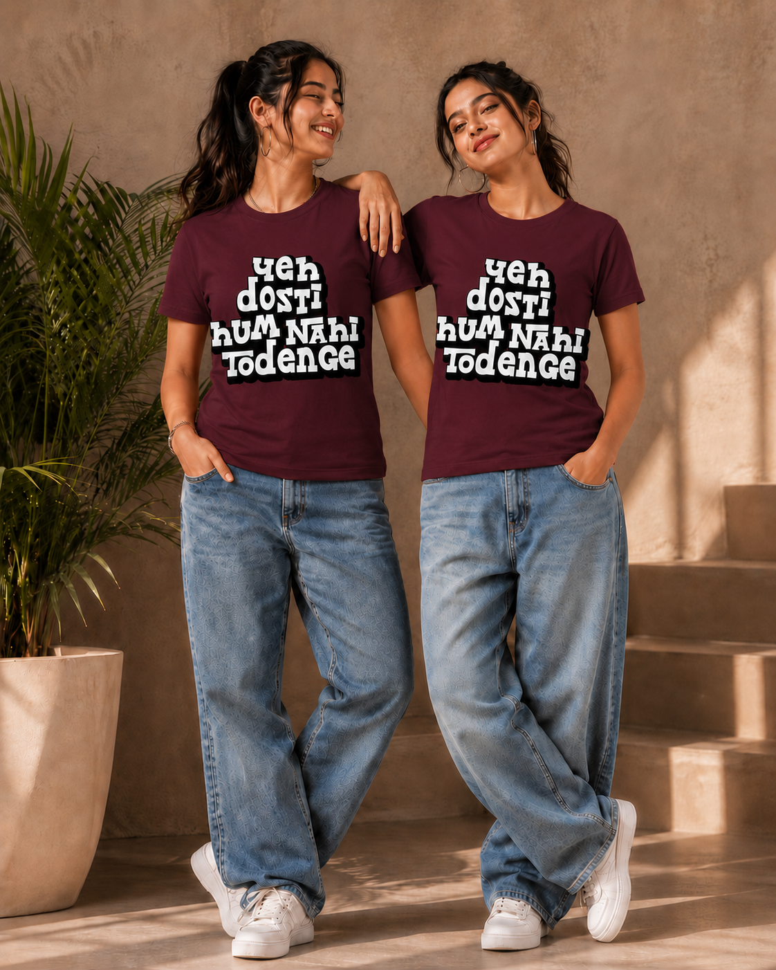 Yeh Dosti Hum Nahi Todenge Unisex Matching T-Shirts – Regular Fit, Maroon, women's model view