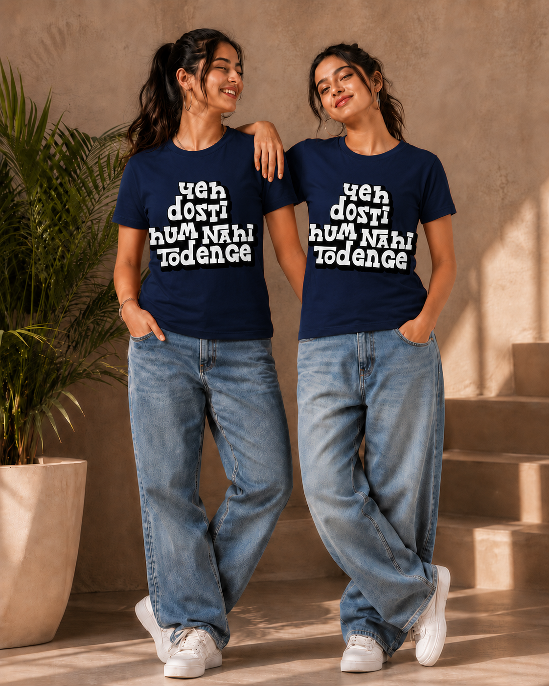Yeh Dosti Hum Nahi Todenge Unisex Matching T-Shirts – Regular Fit, Navy Blue, women's model view