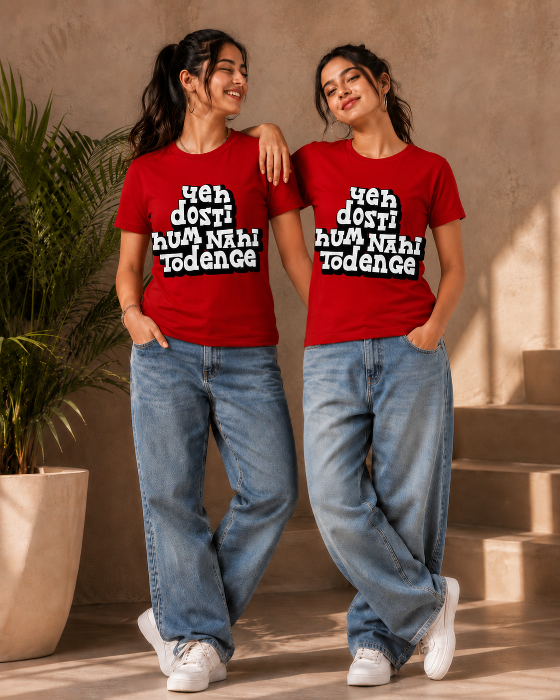 Yeh Dosti Hum Nahi Todenge Unisex Matching T-Shirts – Regular Fit, Red, women's model view