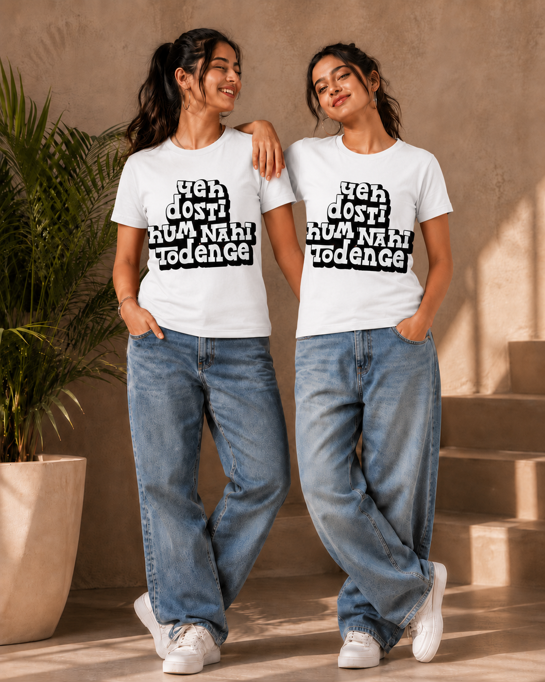 Yeh Dosti Hum Nahi Todenge Unisex Matching T-Shirts – Regular Fit, White, women's model view