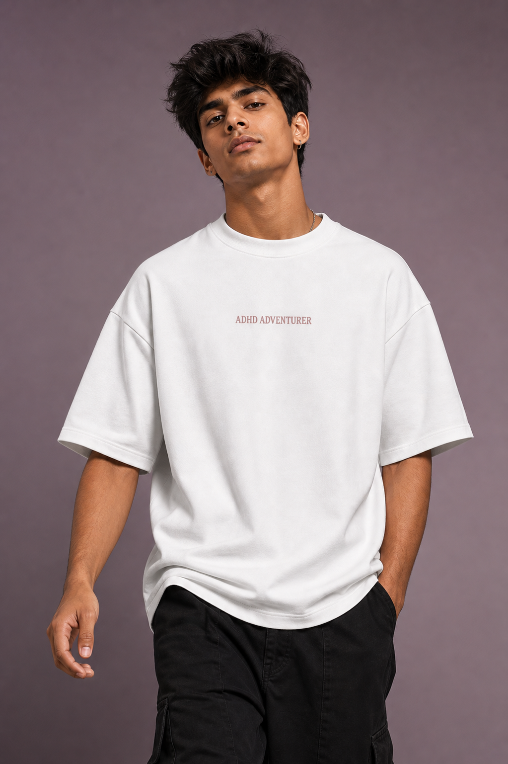 ADHD Adventurer Unisex Oversized Tee in white - male model