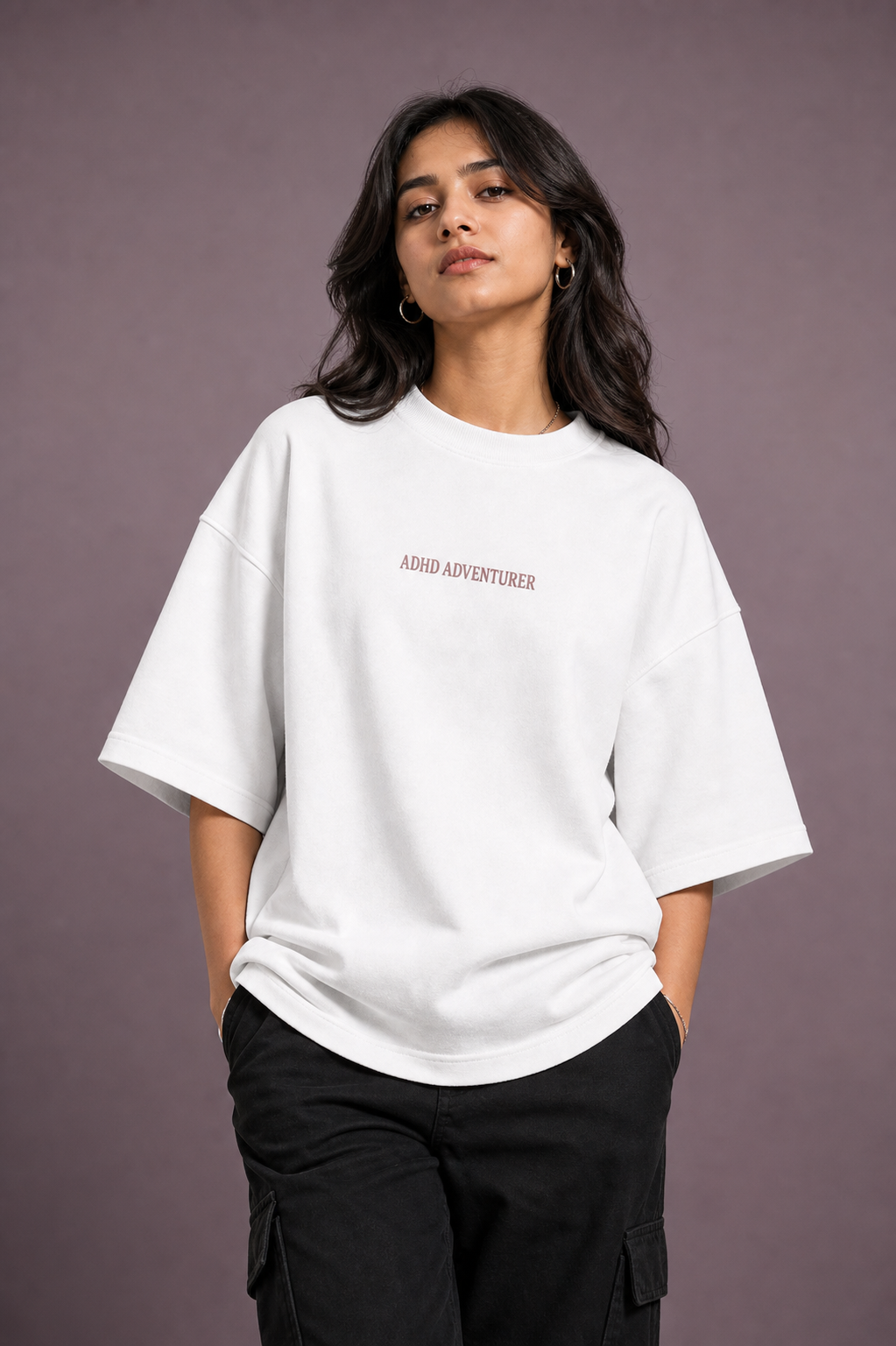 ADHD Adventurer Unisex Oversized Tee in white - female model