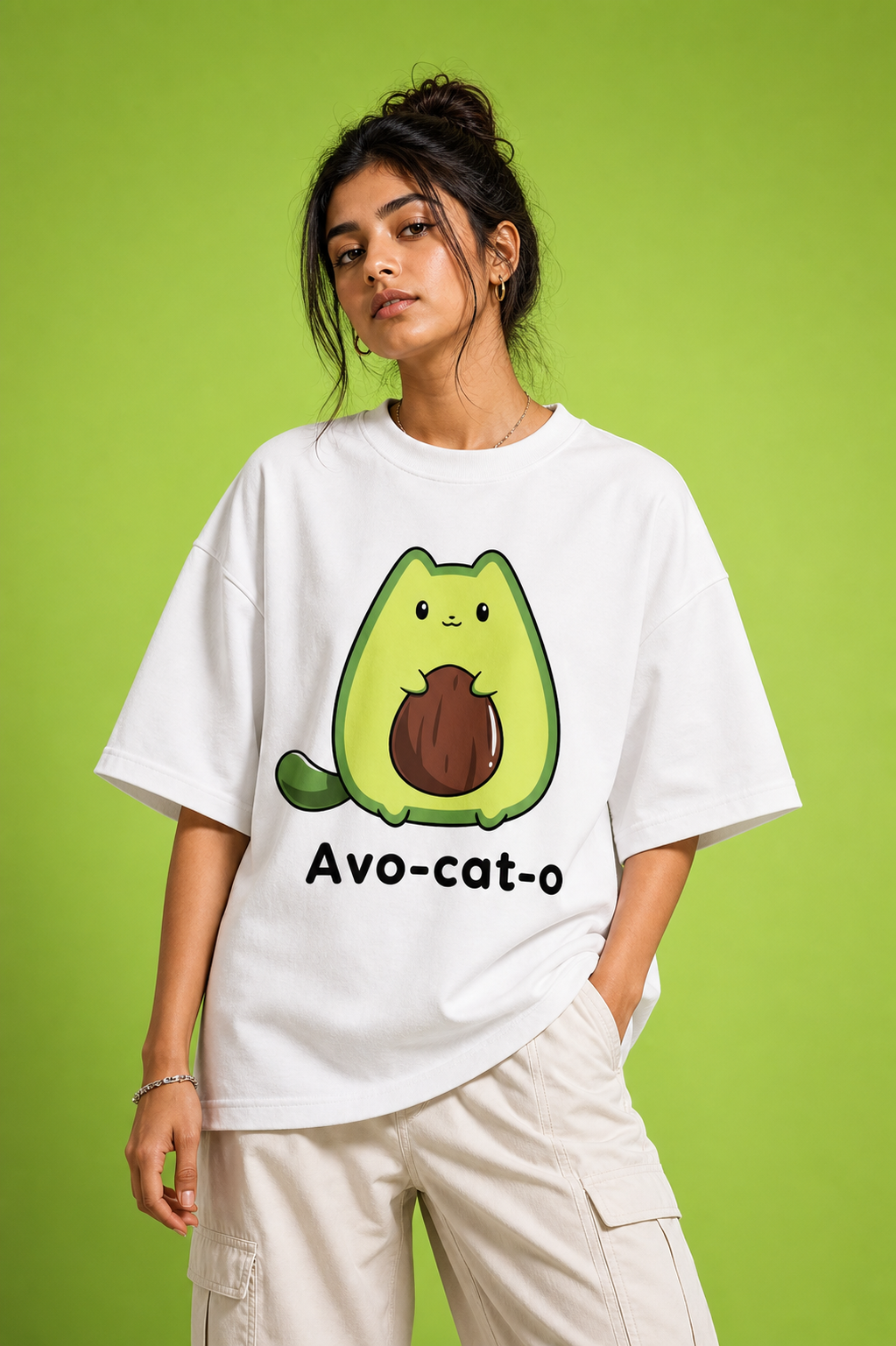 Avo-cat-o Unisex Oversized Tee in white - female model