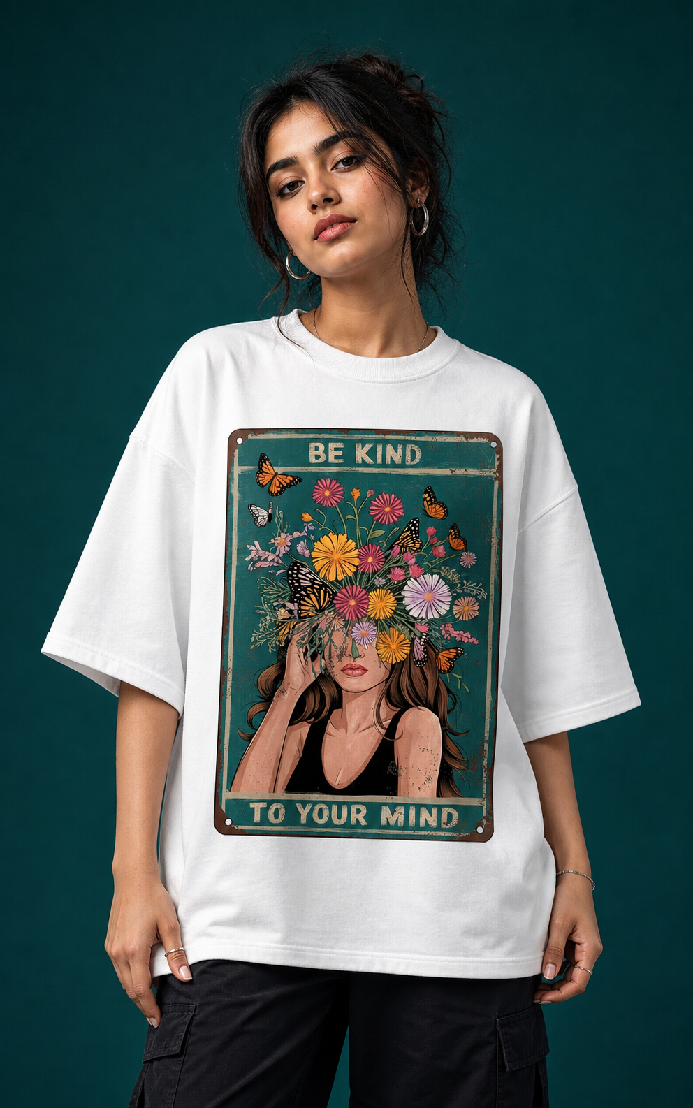 Be Kind To Your Mind Unisex Oversized Tee - female model styling