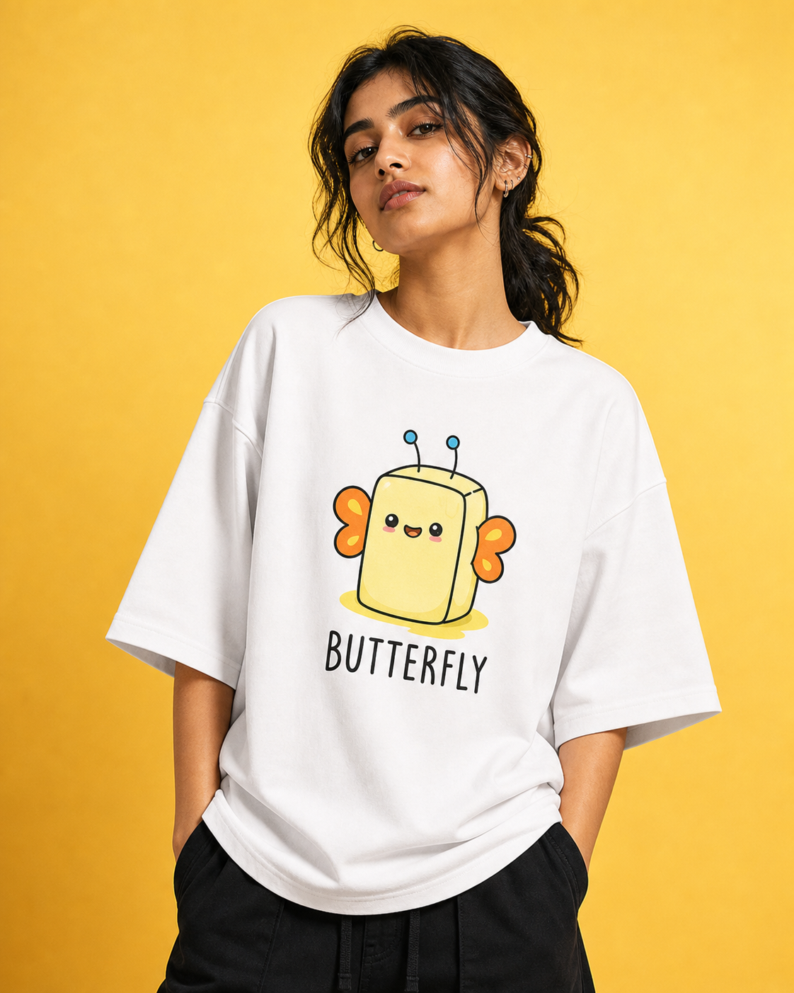 Butterfly Unisex Oversized Tee - female model styling