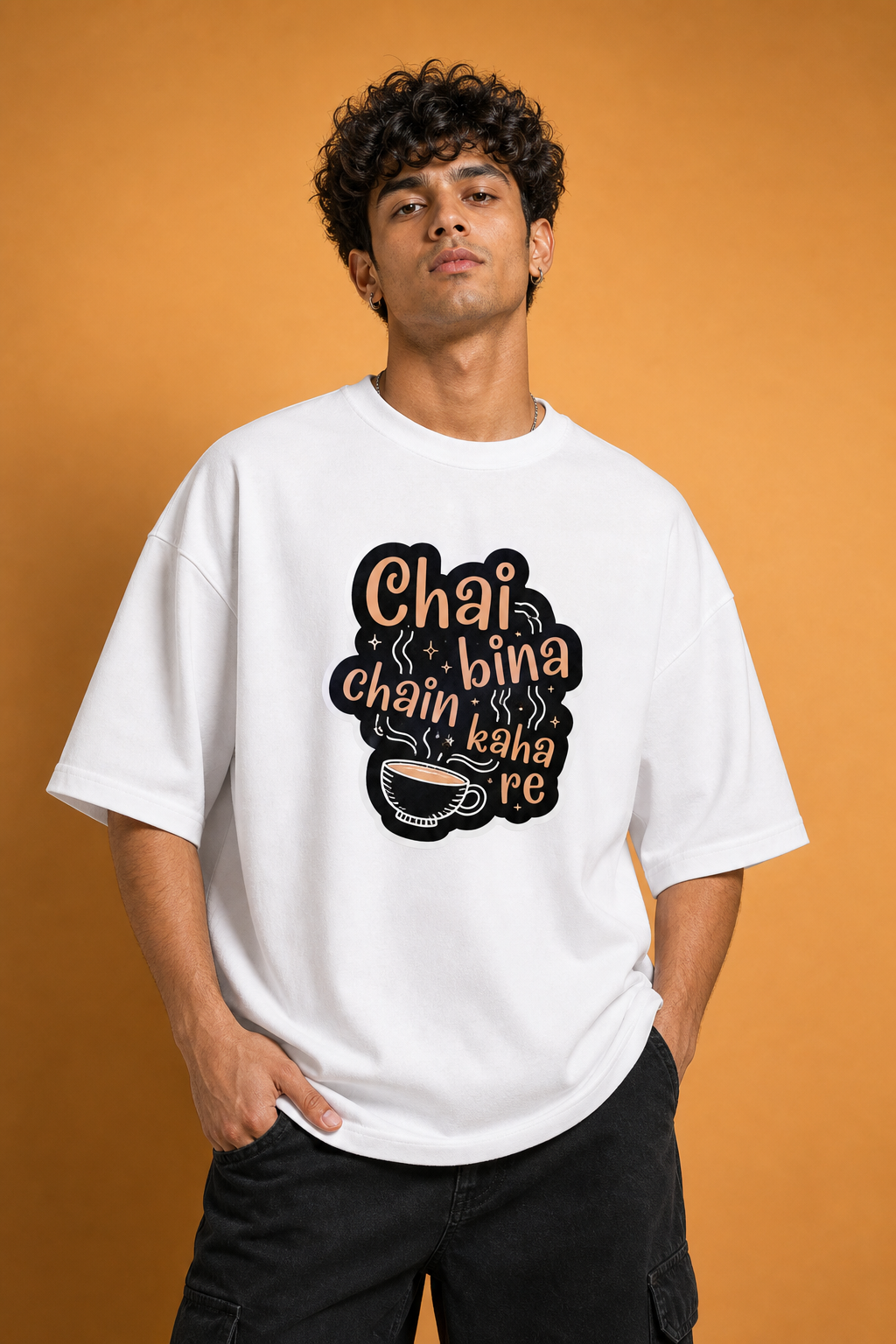 Chai Bina Chain Kaha Re Unisex Oversized Tee in white - male model