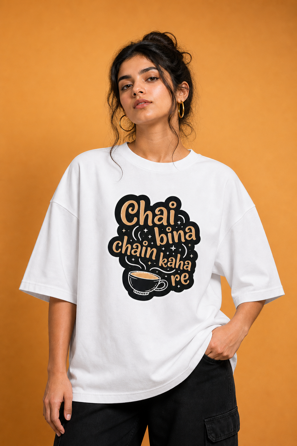 Chai Bina Chain Kaha Re Unisex Oversized Tee in white - female model