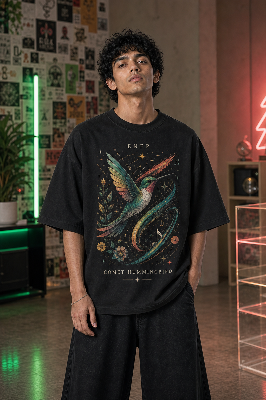 ENFP Comet Hummingbird main front view in Black - oversized 240 GSM French Terry t-shirt