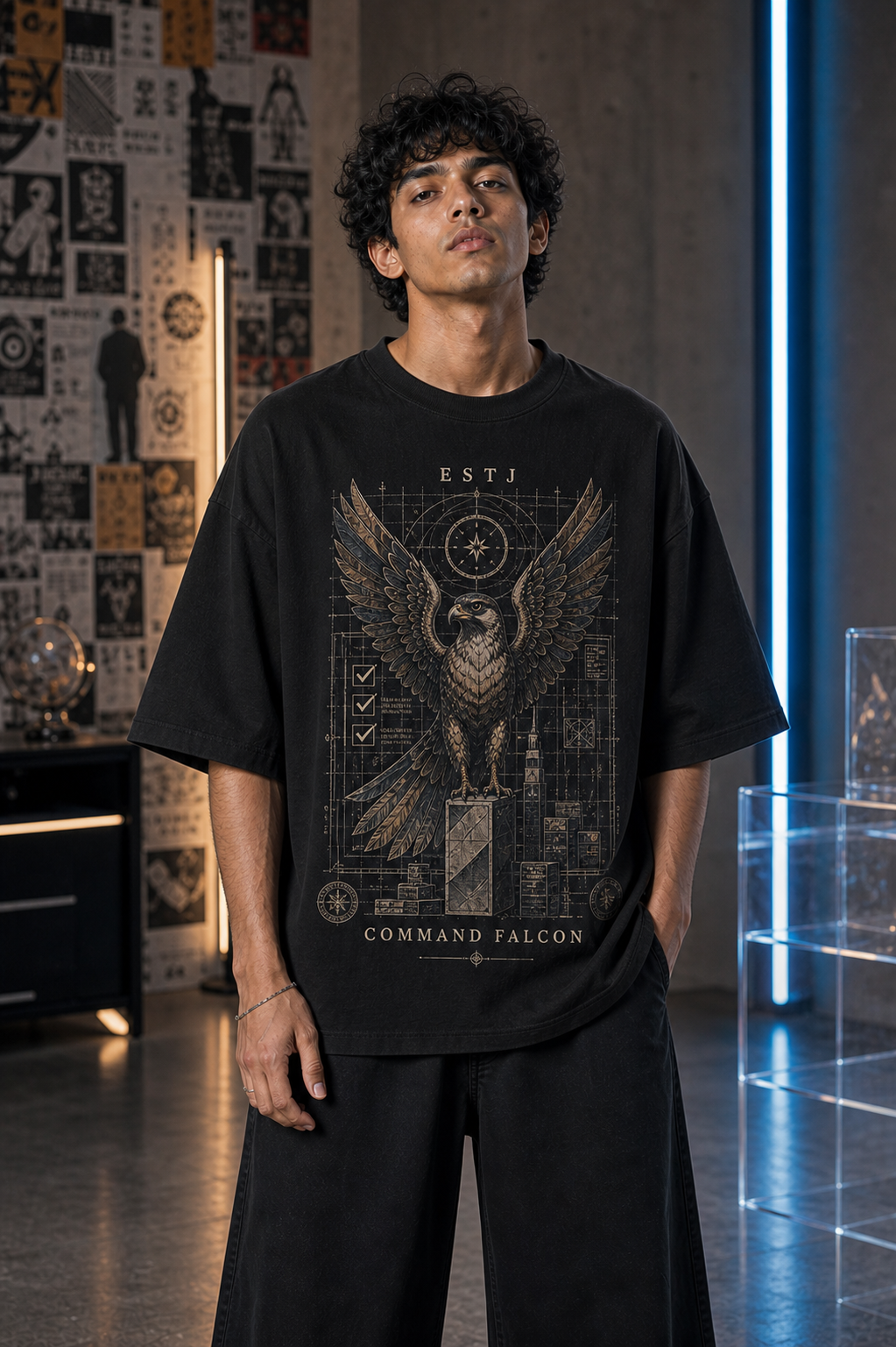 ESTJ Command Falcon main front view in Black - oversized 240 GSM French Terry t-shirt